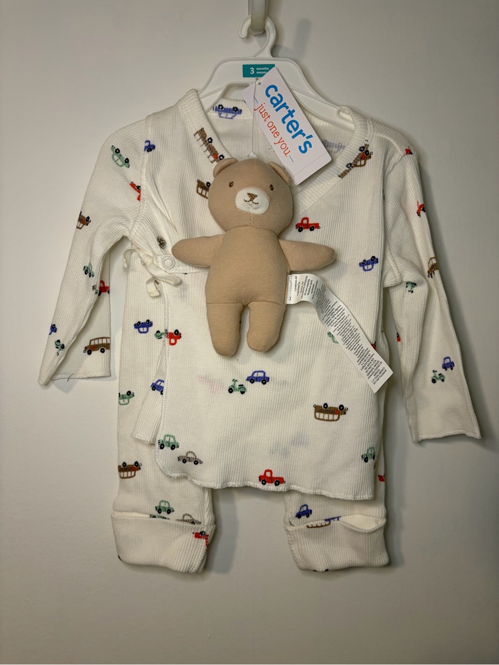 Carter's Cream White Pajama Set with Multi-Color Vehicle Print and Plush Bear